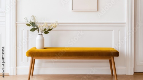 Minimalist wooden bench with a vase, stylish interior decor, bright ambiance, perfect for modern living spaces.