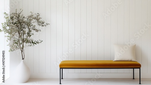 Modern living space, minimalistic wooden bench with soft cushion, indoor plant nearby, bright and airy atmosphere, copy-space available.