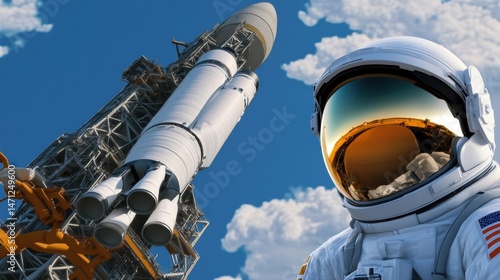 Astronaut with Rocket Launching into Space Against Blue Sky