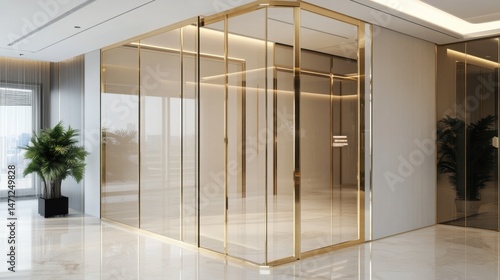 Modern glass meeting room, sleek design with natural light, minimalistic decor, ideal for collaborative discussions.