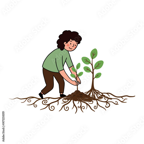 vector of child planting a tree