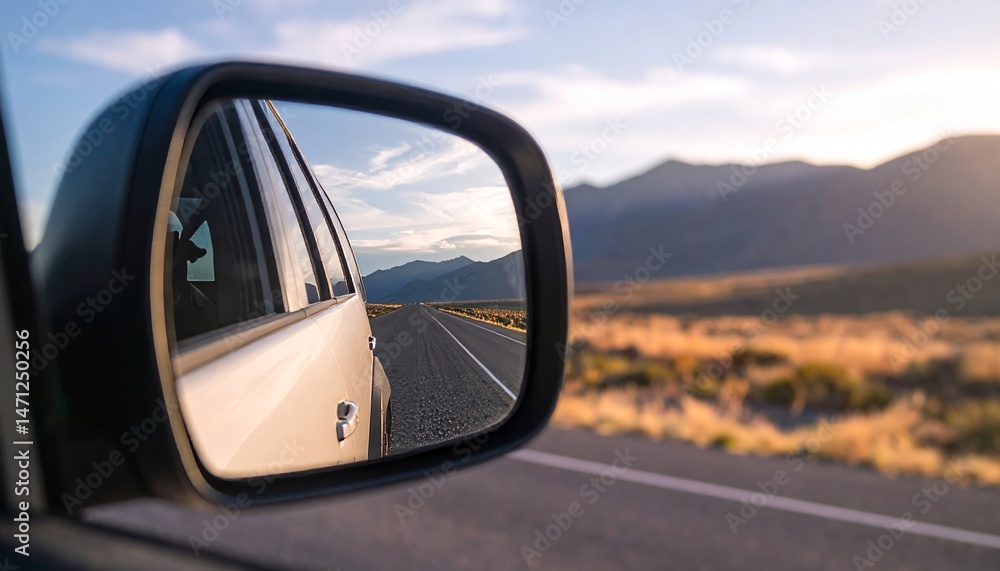 Fototapeta premium Trucks side mirror reflecting endless road ahead, symbolizing freedom
