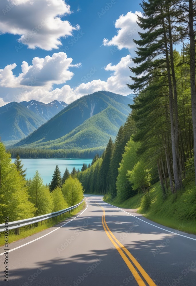 Scenic mountain road winding towards a vibrant turquoise lake. Lush greenery flanks the highway, leading to a backdrop of majestic peaks under a partly cloudy sky Scenic mountain road winding towards a vibrant turquoise lake. Lush greenery flanks the highway, leading to a backdrop of majestic peaks under a partly cloudy sky