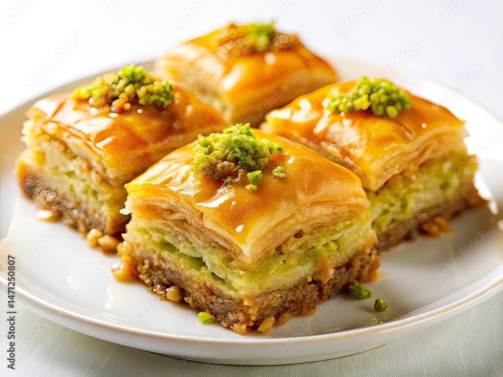 Delicious Baklava, Gourmet Dessert, Layered Pastry, White Plate, Photography, Sweet Treat, Close-up, Food Photography, Appetizing Baklava Delicious Baklava, Gourmet Dessert, Layered Pastry, White Plate, Photography, Sweet Treat, Close-up, Food Photography, Appetizing Baklava