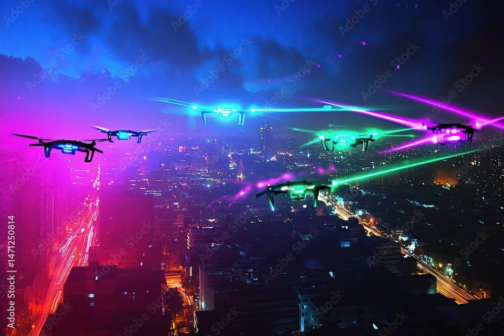 Obraz premium Night cityscape aerial view, multiple drones illuminated with vibrant colors, flying in formation