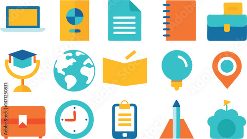 School and Education Icon Set Featuring Various Educational Symbols