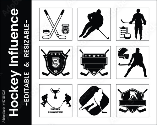 Hockey Icon Vector Set Black And White Sport Elements And Silhouette Designs Editable And Resizable