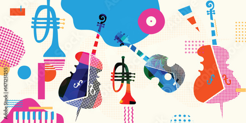 Canvas Print Colorful Abstract Music Instruments Background, Modern Jazz Art Style Vector