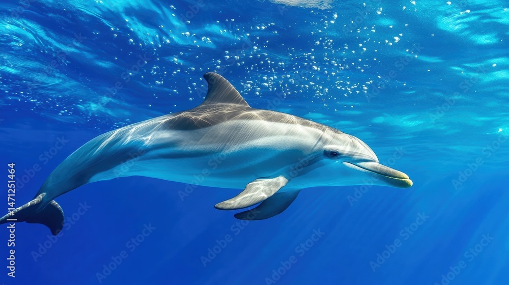 Obraz premium Dolphin Swimming Gracefully in Clear Blue Ocean Waters Under Sunlight