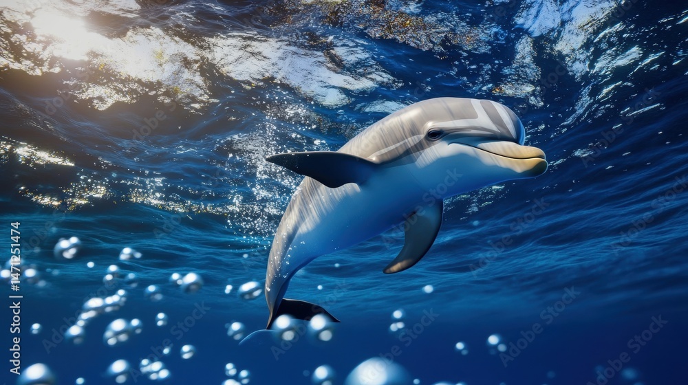 Naklejka premium Dolphin Swimming Underwater in Clear Blue Ocean Water