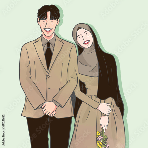 cute character vector illustration of a married couple wearing a hijab inspiring a Muslim couple