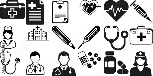 Medical and healthcare icons depicting doctors nurses medical equipment and hospital illustrations