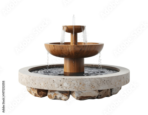 Wooden Water Fountain Flows Tranquilly with Stone Base, Transparent Background