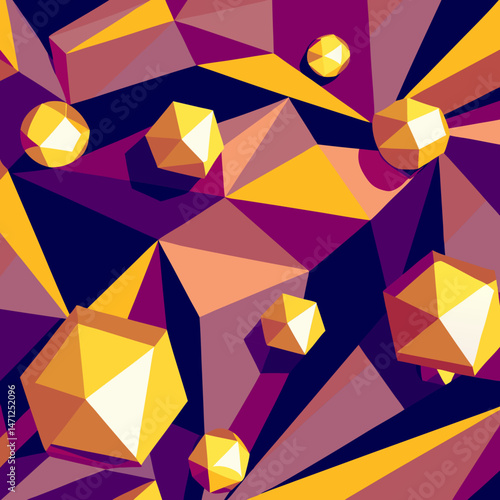 Vibrant geometric art golden purple and orange polygons create a dynamic dazzling abstract design