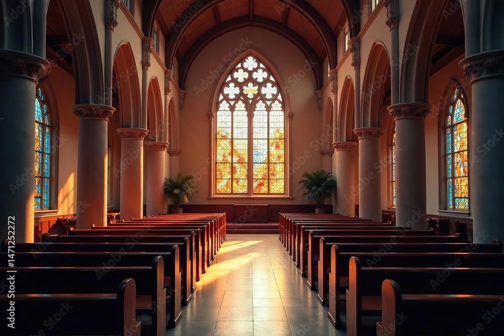 Fototapeta premium Serene church interior, stained glass illuminating quiet prayer space , mystical, temple