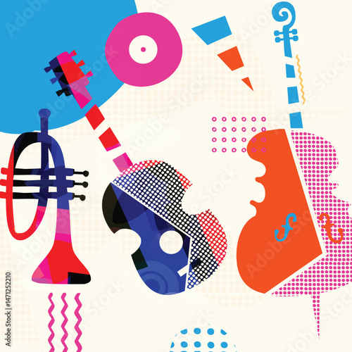 Photography Colorful Abstract Music Instruments Background, Modern Jazz Art Style Vector