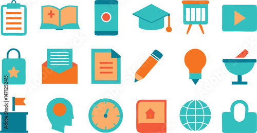 Complete Set of Educational Icons with Diverse School-related Symbols