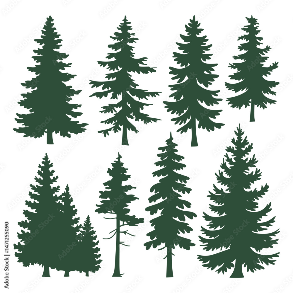 Obraz premium Pine tree silhouettes. Evergreen forest firs and spruces black shapes, wild nature trees templates.