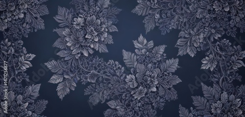 Intricate floral lace on deep indigo gradient, subtle texture, illustration, summer, silk