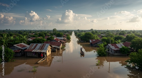 Flooded Village Landscape with Houses and Boat in Southeast Asia