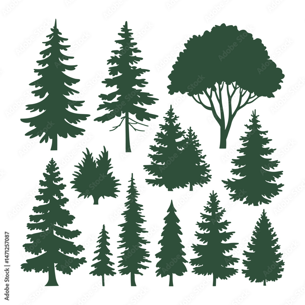 Fototapeta premium Pine tree silhouettes. Evergreen forest firs and spruces black shapes, wild nature trees templates.