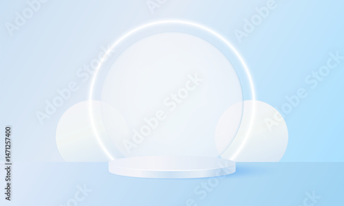 Cosmetic podium display with transparent disc and glow curve line. Stage pedestal platform. Ads cosmetics beauty skincare product. Studio blue realistic 3d luxury minimal style. Vector design.