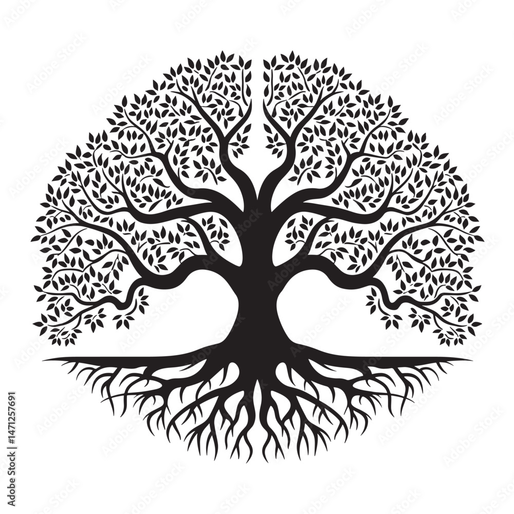 Fototapeta premium Black tree silhouette with roots and leaves.