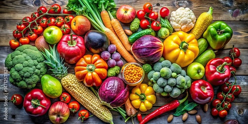 Vibrant Fruits & Veggies - Top View, Healthy Eating