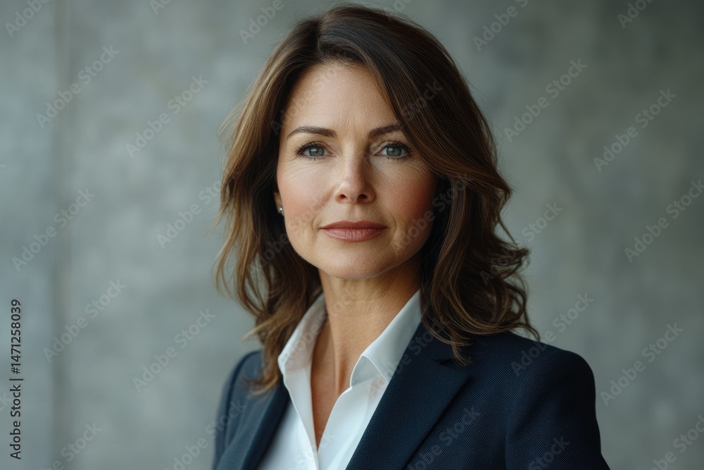 Portrait of a confident middle-aged businesswoman in a navy blue suit. Portrait of a confident middle-aged businesswoman in a navy blue suit.