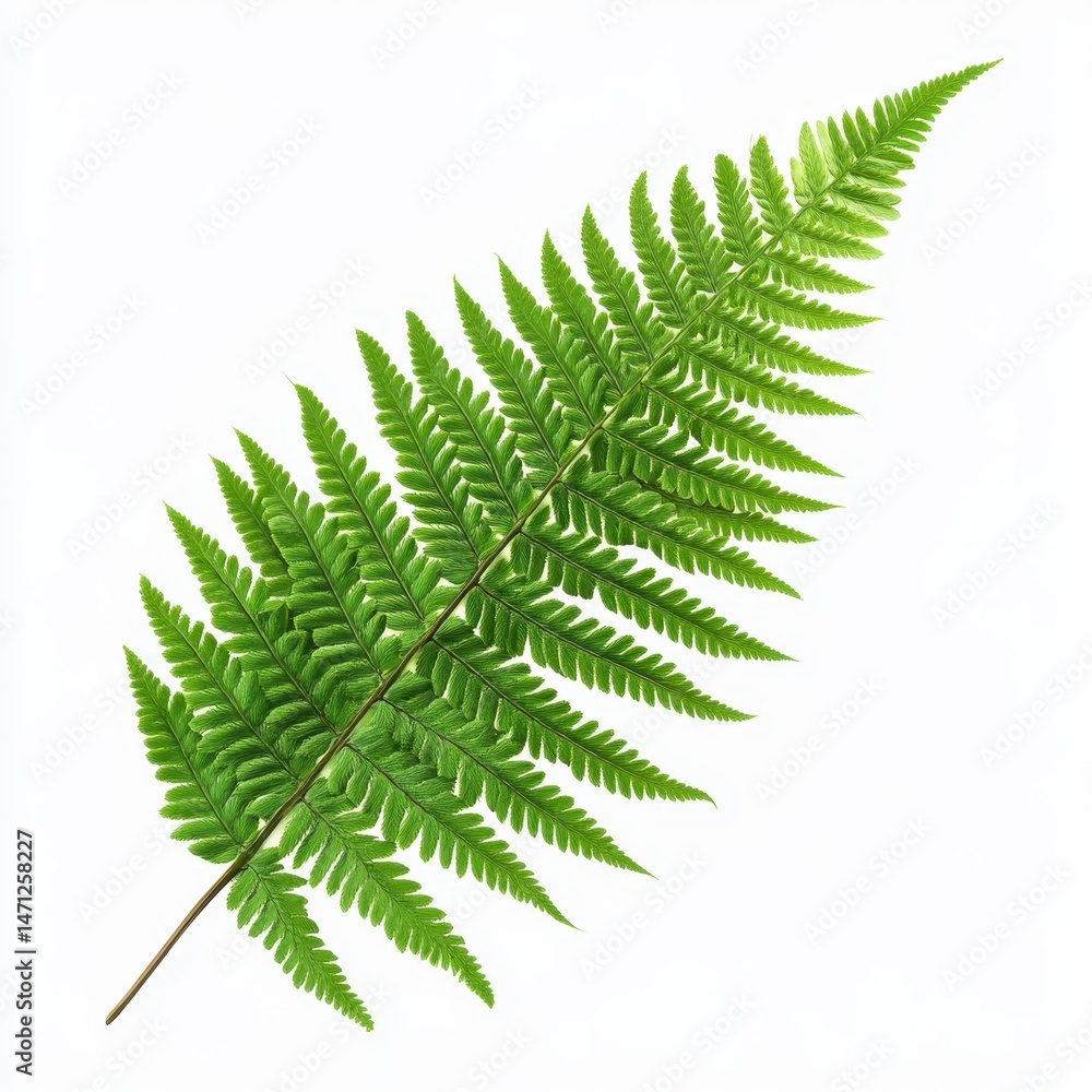 Single Vibrant Green Fern Leaf Isolated on White Background