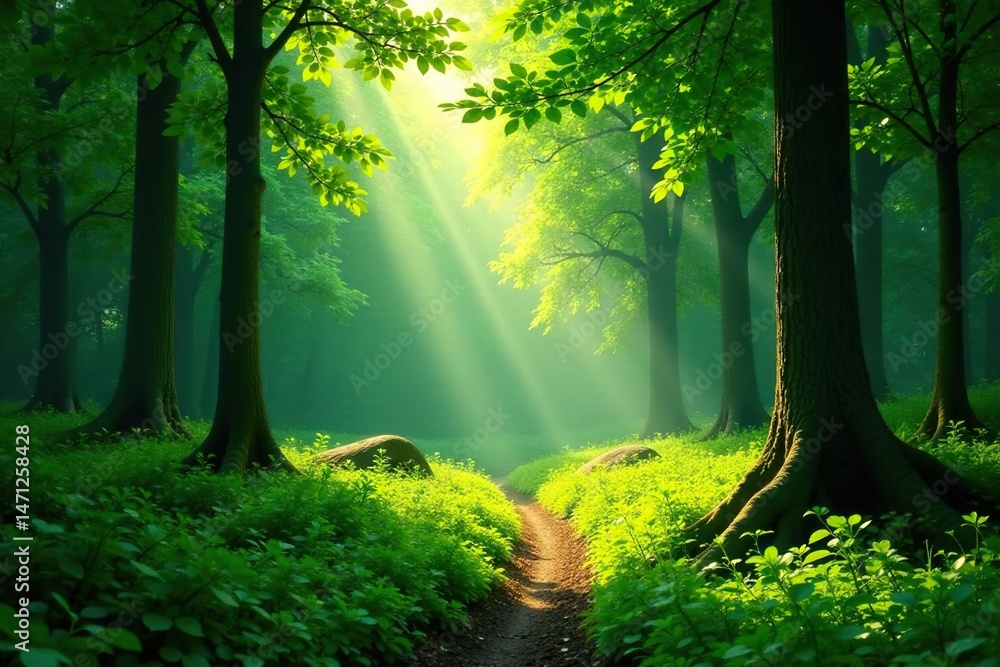 Obraz premium Lush green forest scene, sunlight dappling through trees , ecosystem, temperate forest