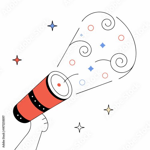 Festive party popper bursts with joy colorful confetti swirls and stars simple line art celebration