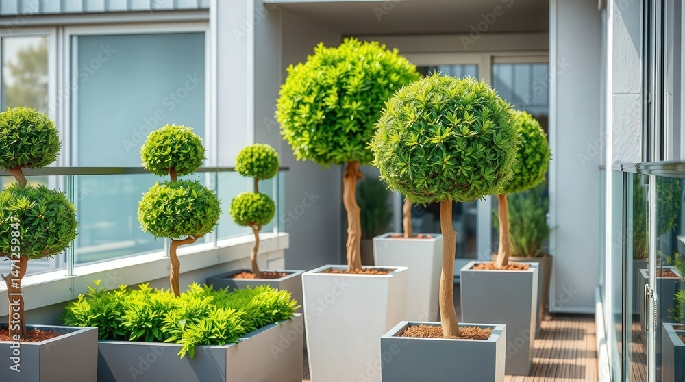 Fototapeta premium Lush Greenery on Modern Balcony with Potted Topiary Plants