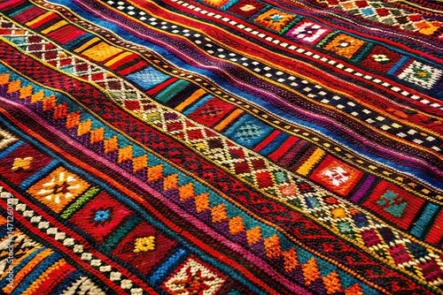 Vibrant Vintage Arabian Bedouin Rug, Knitted Wool Pattern, Food Photography Style