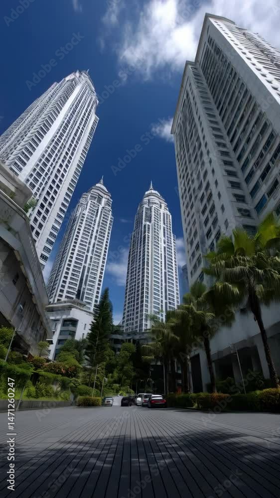 Wide angle view capturing towering modern white skyscrapers against a vibrant blue sky with fluffy clouds, lush greenery and palm trees below. Wide angle view capturing towering modern white skyscrapers against a vibrant blue sky with fluffy clouds, lush greenery and palm trees below.