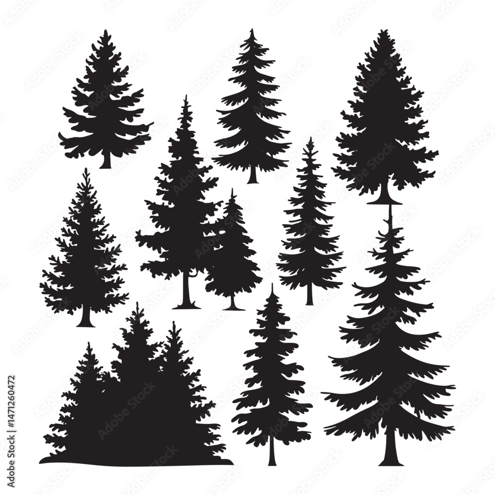 Obraz premium Pine tree silhouettes. Evergreen forest firs and spruces black shapes, wild nature trees templates.