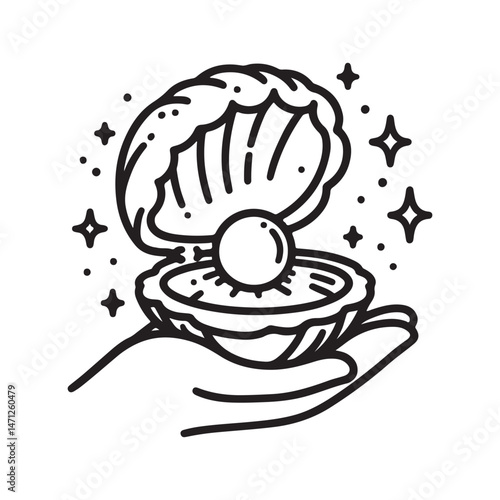 Line art of hand holding opening oyster shell showing pearl