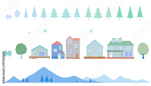 シンプルな街並みと自然のシルエットイラストのセット　背景イラスト