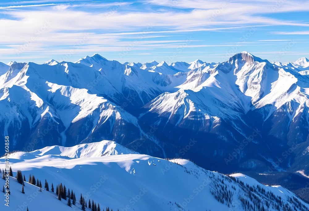 Fototapeta premium Majestic snow-capped peaks, pristine winter landscape, breathtaking panorama, peaks, forest