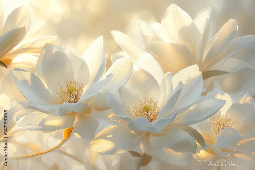 Fototapeta premium Delicate White Magnolia Flowers in Soft Morning Sunlight