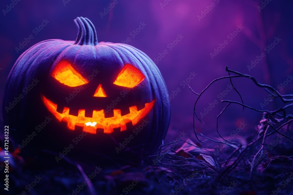 Fototapeta premium Illuminated jack o lantern with a spooky smile in a dark purple halloween night scene outdoors