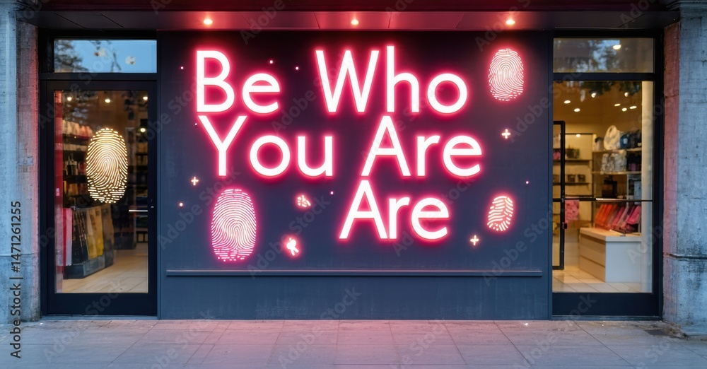 Fototapeta premium Shopfront displays bright neon sign reading Be Who You Are Are. Fingerprint motifs flank text, illuminating entrance. Retail space visible inside.