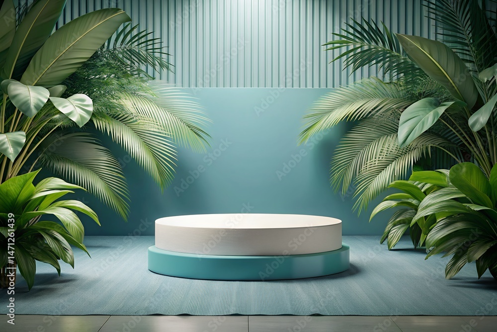 Modern Product Display Podium with Tropical Plants and Teal Background Modern Product Display Podium with Tropical Plants and Teal Background