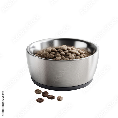 Stainless Steel Pet Bowl with Light Brown Food and Coffee Beans