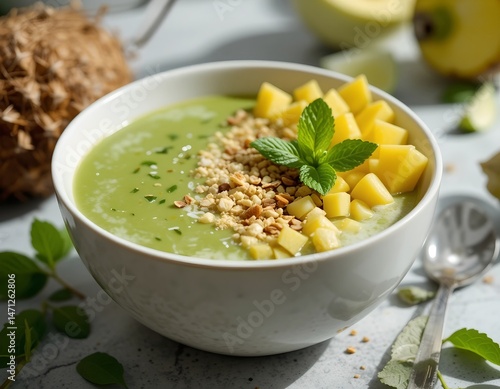 a bowl of smoothie topped with granola and fresh pineapple chunks, garnished with a sprig of mint and a drizzle of honey
