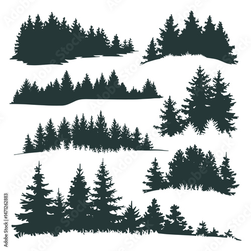 Pine tree silhouettes. Evergreen forest firs and spruces black shapes, wild nature trees templates.