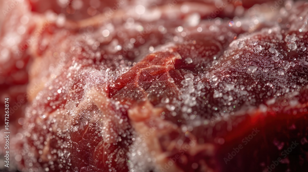 Obraz premium Close-Up of Coarse Sea Salt on Raw Fresh Red Meat Surface
