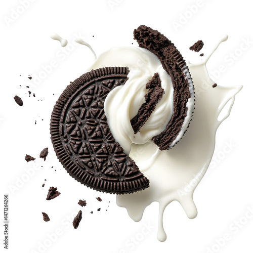 Delicious Oreo Cookies Dipped in Creamy Milk with Chocolate Crumbs on White Background on transparent background
