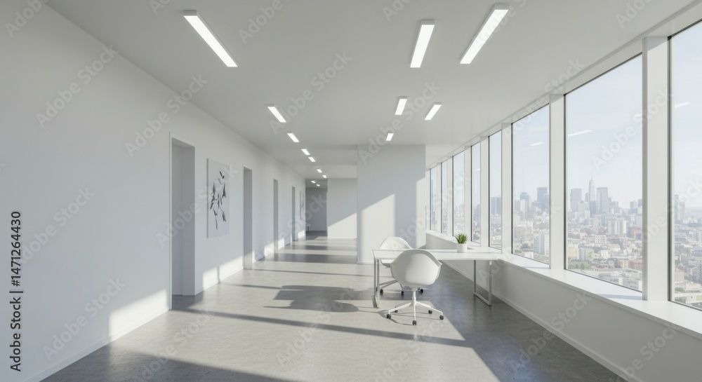Fototapeta premium Modern office hallway with city view