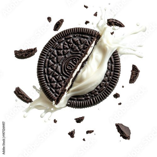 Delicious Oreo Cookie Split with Cream Filling and Milk Splash, Perfect for Treat Lovers on transparent background
